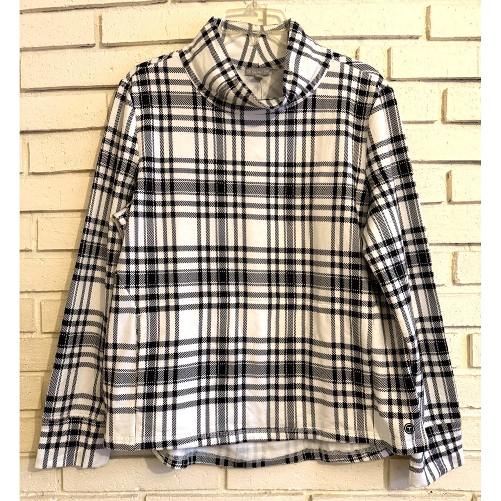 T by Talbots Women Sz Lg Sweatshirt Mock Neck Top Black & White Check NWT